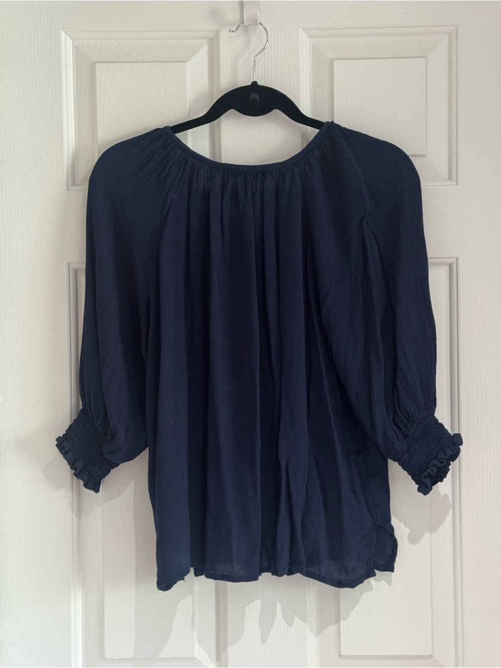 Joan Vass Navy Tassel-Tie Peasant Blouse - Picture 2 of 7